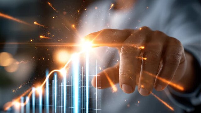 A close up of a European hand touches softly a glowing business growth chart visualization in a moody office growth analytics faceless d 2