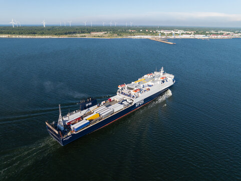 PALDISKI ESTONIA JUNE 21 2026 Aerial drone view of the DFDS Ro-Pax passenger and cargo ferry Sirena Seaways sailing in the Baltic Sea near the port of Paldiski