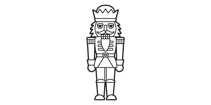 Black and white line art illustration of a classic wooden nutcracker soldier toy wearing a tall crown for christmas holiday decoration and festive design Vector, illustration