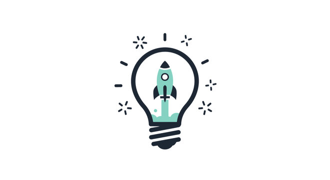 A light bulb icon contains a rocket ship launching inside it