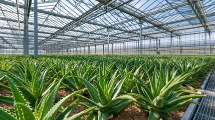 Fototapeta premium Rows of aloe vera plants growing inside a modern greenhouse under a clear sky