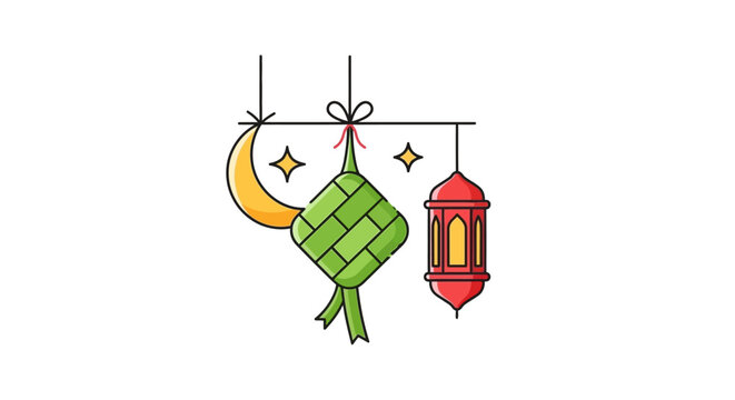 A festive illustration featuring a crescent moon and hanging ornaments