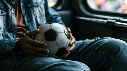 Person holding a soccer ball on their lap while sitting by a window