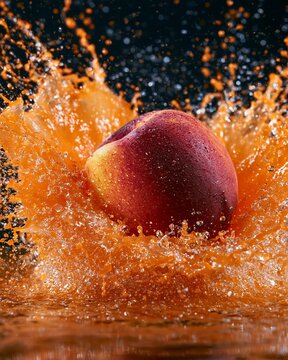 Nectarine splashing into vibrant orange juice with water droplets frozen in motion against a dark