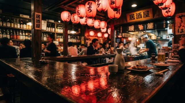 Cozy Japanese Izakaya Interior with Red Lanterns and Patrons Enjoying Drinks.