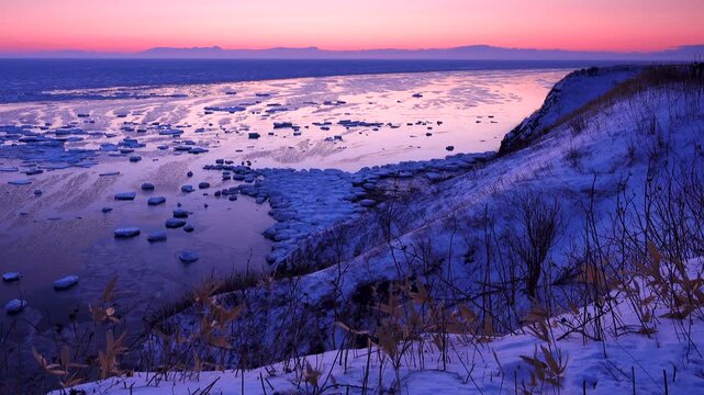 能取岬の流氷と知床連山　朝