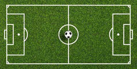 Fototapeta premium Soccer ball on full artificial soccer field top view