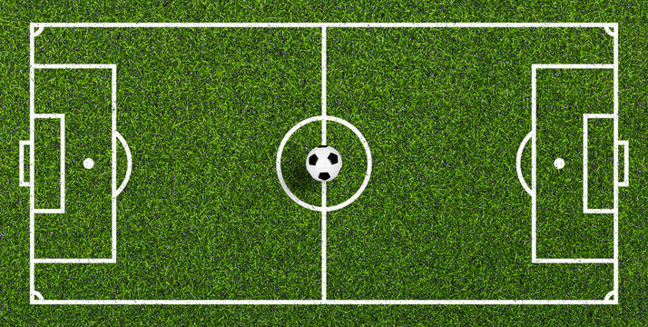 Soccer ball on full artificial soccer field top view