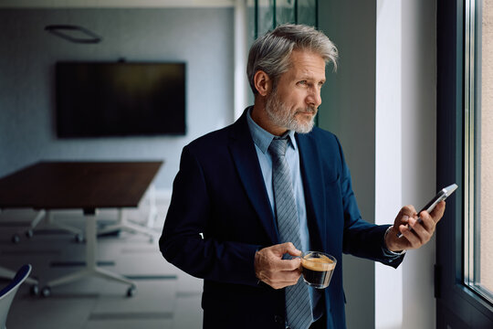 Mature businessman using cell phone while drinking coffee by window.