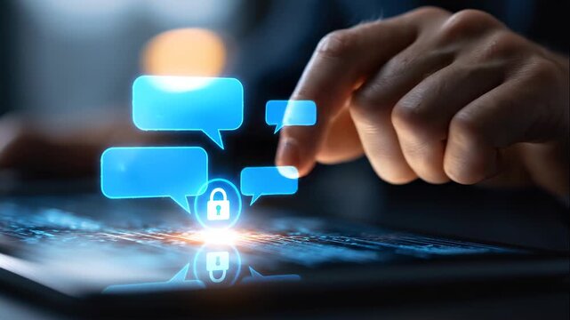 A close up of a European hand uses softly a glowing secure payment interface with chatbot support in a moody office secure payment faceles