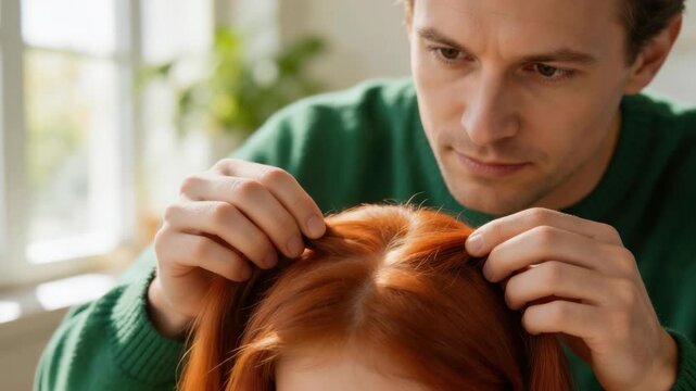 Focused man carefully parting and checking red hair for lice. Father examining child's scalp for nits at home. Pediculosis prevention concept