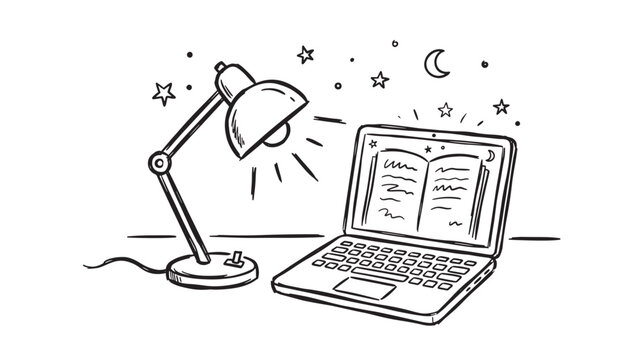 Line art desk lamp and laptop with open book screen