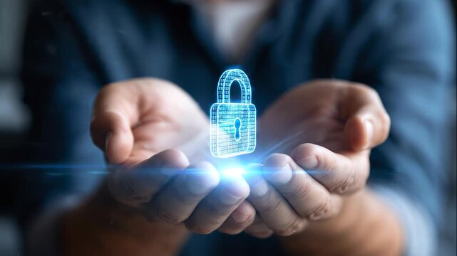 A close up of European hands holds softly a glowing data encryption padlock hologram in a moody office data encryption faceless detail 3