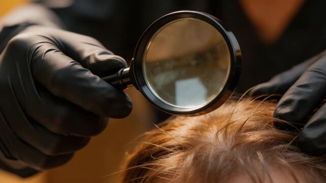 Medical professional in black gloves examining hair with a magnifying glass. Checking scalp for head lice and nits