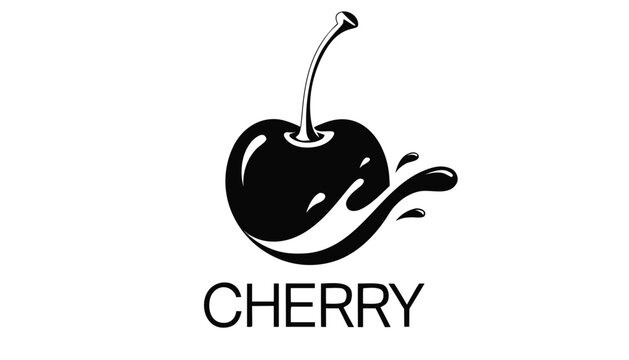 Very beautiful close-up black and white vector illustration of a CHERRY with dramatic juice splash effect, smooth fruit contours, realistic monochrome styling, isolated on white background, with a bol