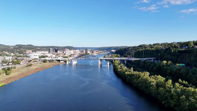 Aerial View of Charleston West Virginia Skyline and Kanawha River with Eugene A. Carter Memorial Bridge and South Side Bridge