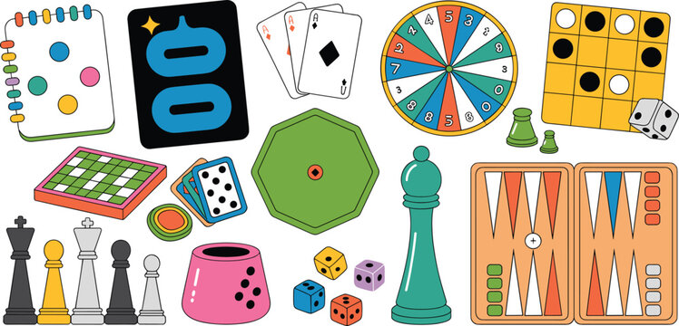 Board games element set with chess playing cards dice roulette and backgammon illustration for family fun activity vector banner background