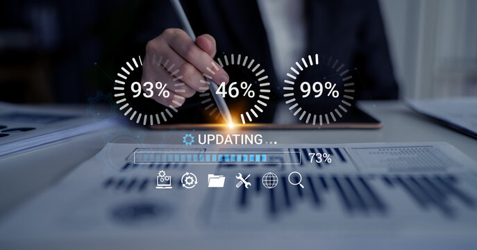 Business person working on tablet with graphs and performance metrics, updating progress with monitoring indicators and analysis visuals in modern office setting. Entropy.