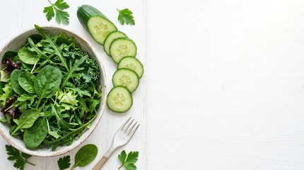 Obraz premium Fresh Mixed Green Salad and Sliced Cucumber on White Wood