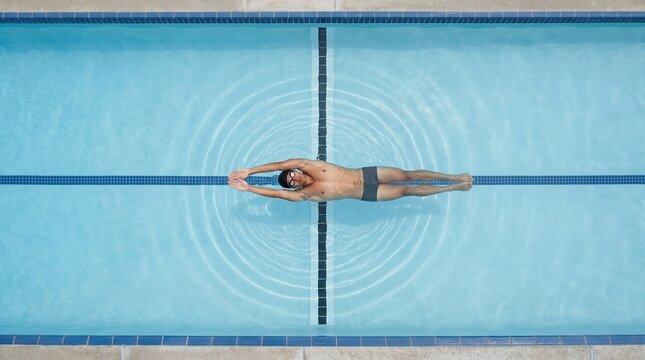 Swimmer performing butterfly stroke in a competition pool from a high angle view High intensity athletic performance