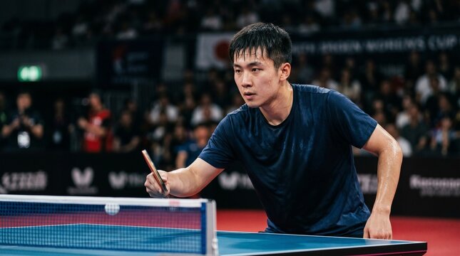 Asian Athlete Competes in Elite International Table Tennis Tournament High intensity athletic performance