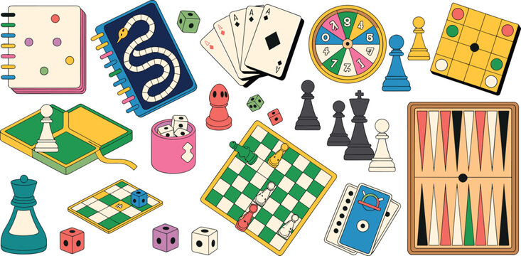 Board games element set with chess playing cards dice roulette and backgammon illustration for family fun activity vector banner background