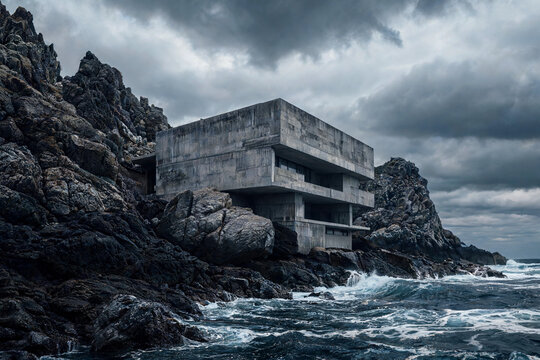 Dramatic brutalist concrete building on dark rocky coastline with stormy ocean waves and overcast moody sky cinematic photography