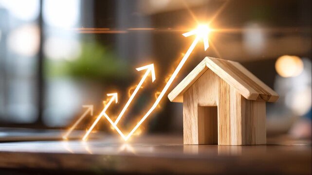 A close up of soft wooden house model rests softly with glowing rising arrows for property growth in a moody setting property growth fac 3