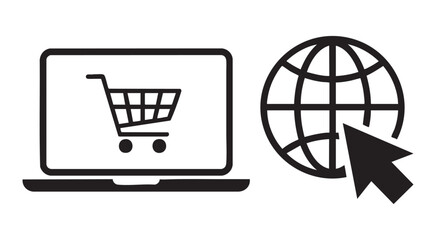 Laptop displaying shopping cart icon next to globe with mouse cursor, indicating online shopping. © Mohammad