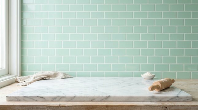 Empty Marble Cutting Board on a Wooden Countertop with a Mint Green Subway Tile Backsplash.