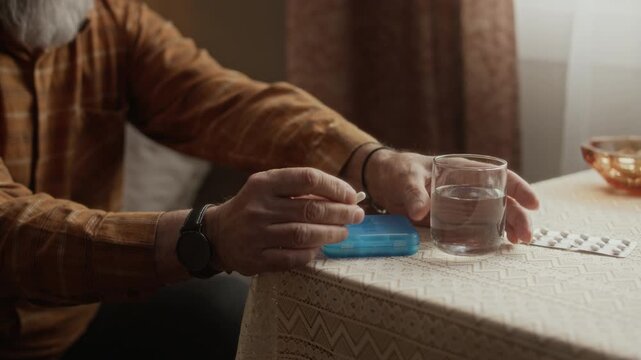 Cropped shot of senior man opening blue pill organizer, taking out medication, and picking up glass of water. Ideal for pharmaceutical ads, senior healthcare services, or medical adherence campaigns