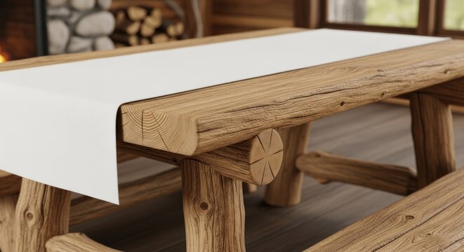 White table runner rests on a rustic log table inside a cozy cabin.