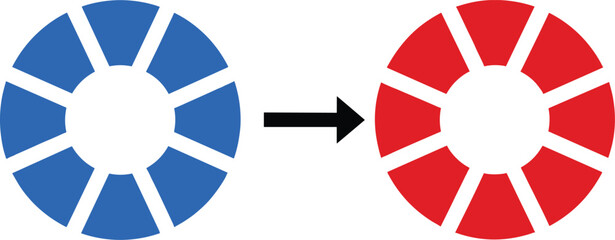 Fototapeta premium Vector illustration of blue and red segmented circles connected by arrow representing transformation process and progress concept