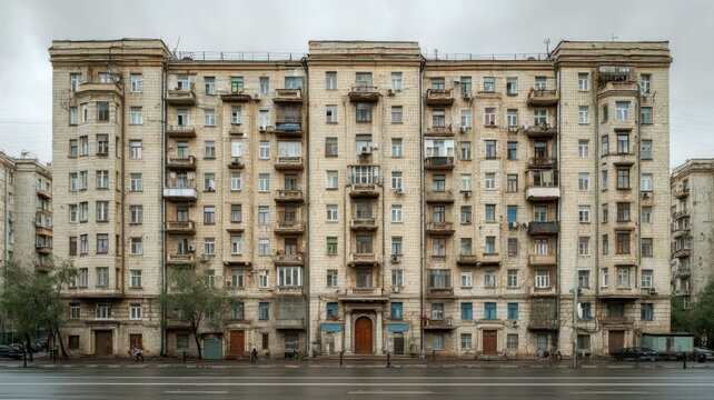 Urban soviet-era apartment facade in grayscale. Artificial intelligence image
