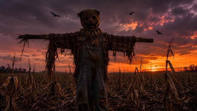 Scarecrow in corn field at sunset with dramatic sky and crows flying over.
