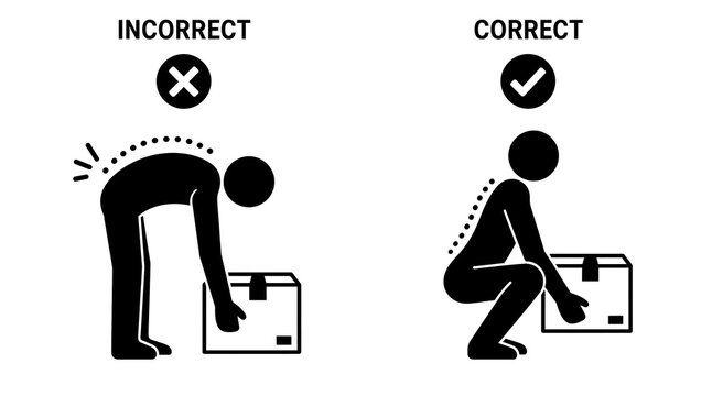 Ergonomic lifting posture guide, correct and incorrect manual handling techniques, safe weight lifting instructions for workplace safety isolated on White Background ai