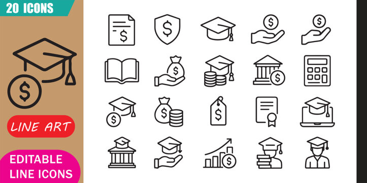 Isolated student loan icons set, 20 editable line art icons set, student loan, education finance, tuition debt payment, funding learning support theme style, clean outline vector