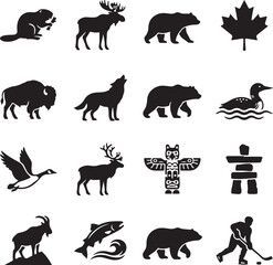 Obraz premium Canadian wildlife black vector silhouette icon set featuring moose beaver bear wolf bison and hockey players