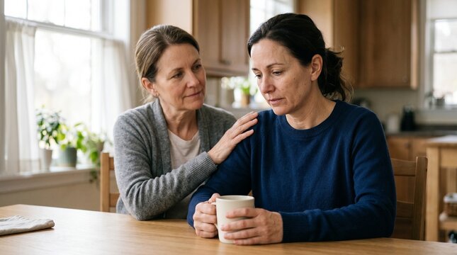 An adult family caregiver sits at a kitchen table while another adult offers quiet support. The image represents caregiver wellbeing, emotional support, and everyday care work.