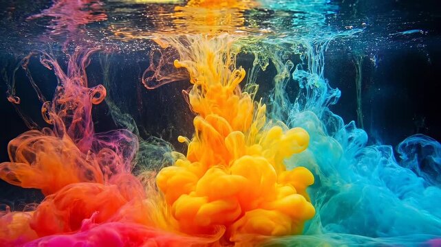 Vibrant ink clouds swirl and mix in clear water, creating abstract patterns