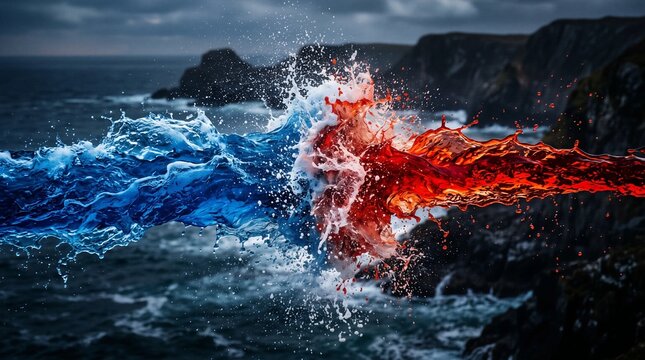 Collision of red and blue liquid streams creating a dramatic splash. Conceptual representation of opposing forces, fire and water interaction, contrast, elements and nature power theme.