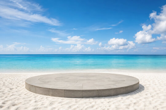 Tropical beach podium for product display, stone circular platform on white sand, turquoise ocean water and blue sky background isolated on White Background ai