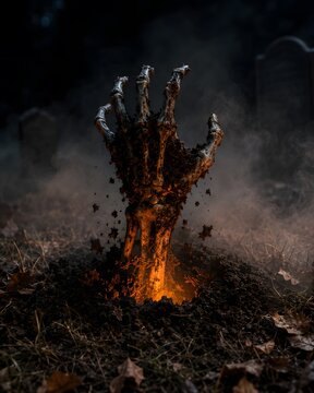 Skeleton hand emerging from ground with glowing soil in dark eerie graveyard setting.
