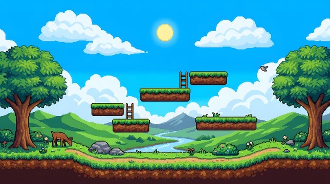A vibrant pixel art landscape with lush green hills, trees, and a serene river under a bright blue sky with fluffy clouds and a sunny day atmosphere, featuring a brown horse and floating grassy platfo