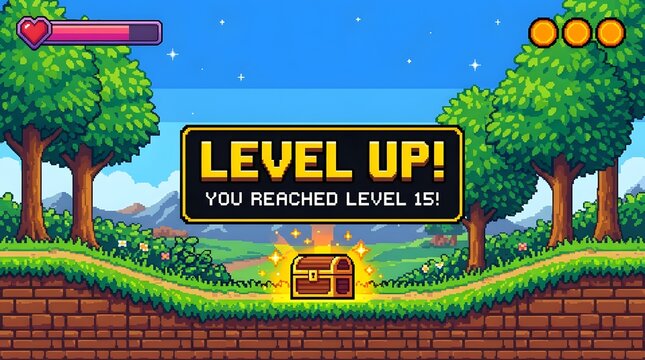 Pixel art level up screen with treasure chest and trees in a video game landscape with a blue sky and stars