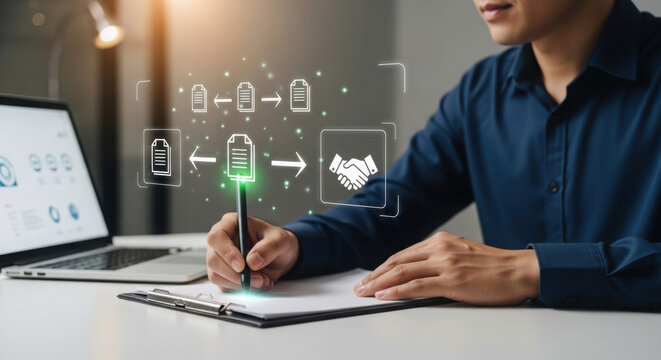 Procurement process management, Digital and paper document approval, contract verification, supplier negotiation, and business purchasing operations using laptop and paper in office environment