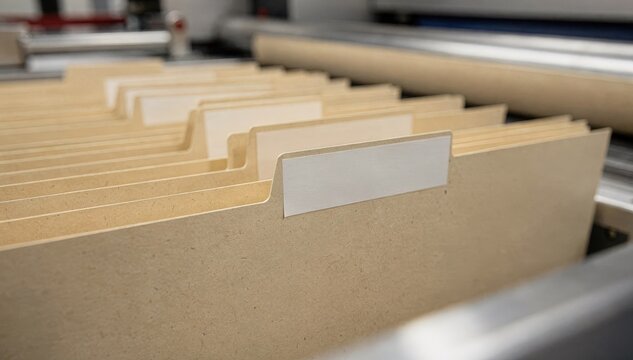 Closeup medium shot of offset printed manila file folders showcasing crisp printed tabs and neatly aligned labels during the manufacturing process.