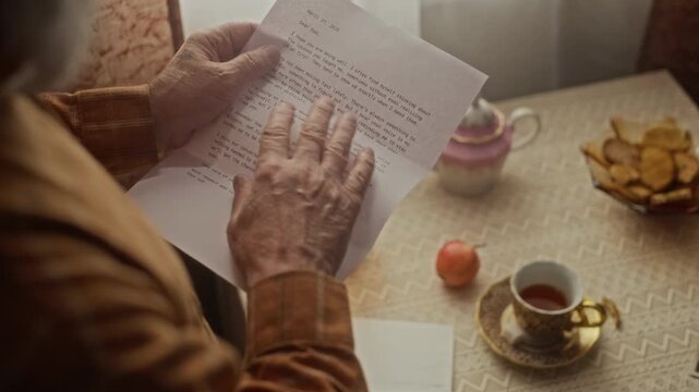 Over shoulder of unrecognizable senior man opening envelope and reading printed letter at table with tea. Footage is ideal for retirement services, nostalgia, or senior mental health commercials