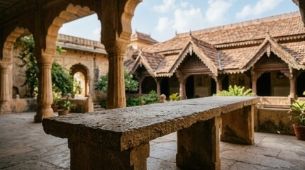 Fototapeta premium Ancient Courtyard with Stone Table and Traditional Architecture.