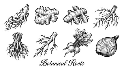 Fototapeta premium Hand Drawn Botanical Roots and Tubers Collection, Vintage Engraving Style Vector Illustration featuring Ginger, Ginseng, Turmeric, Onion, Radish, and Fibrous Roots